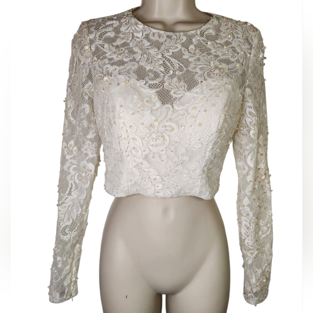 Rachel Allan Pearl Beaded Lace Long Sleeve Bridal Size 4 - Wedding Prom Formal